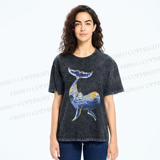 Unisex Artistic Cartoon Whale Printed Washed Tee