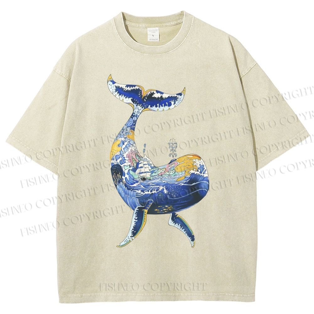 Unisex Artistic Cartoon Whale Printed Washed Tee