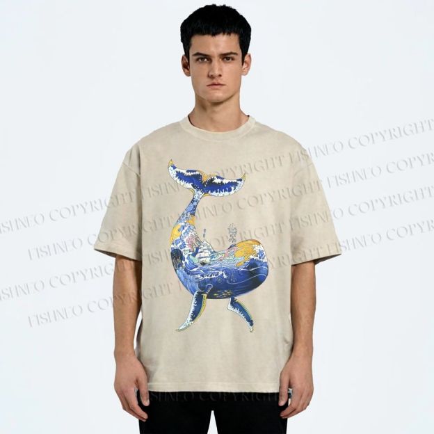 Unisex Artistic Cartoon Whale Printed Washed Tee