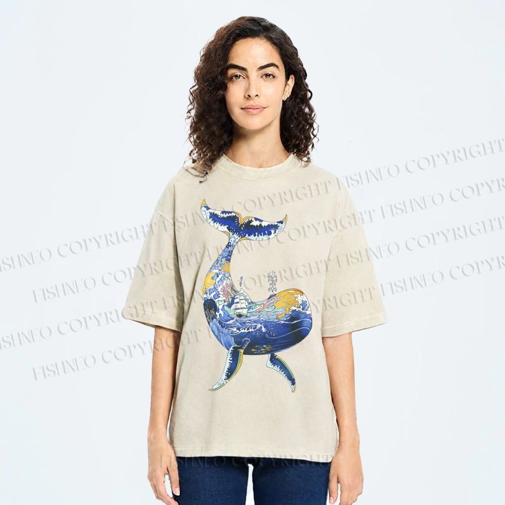 Unisex Artistic Cartoon Whale Printed Washed Tee