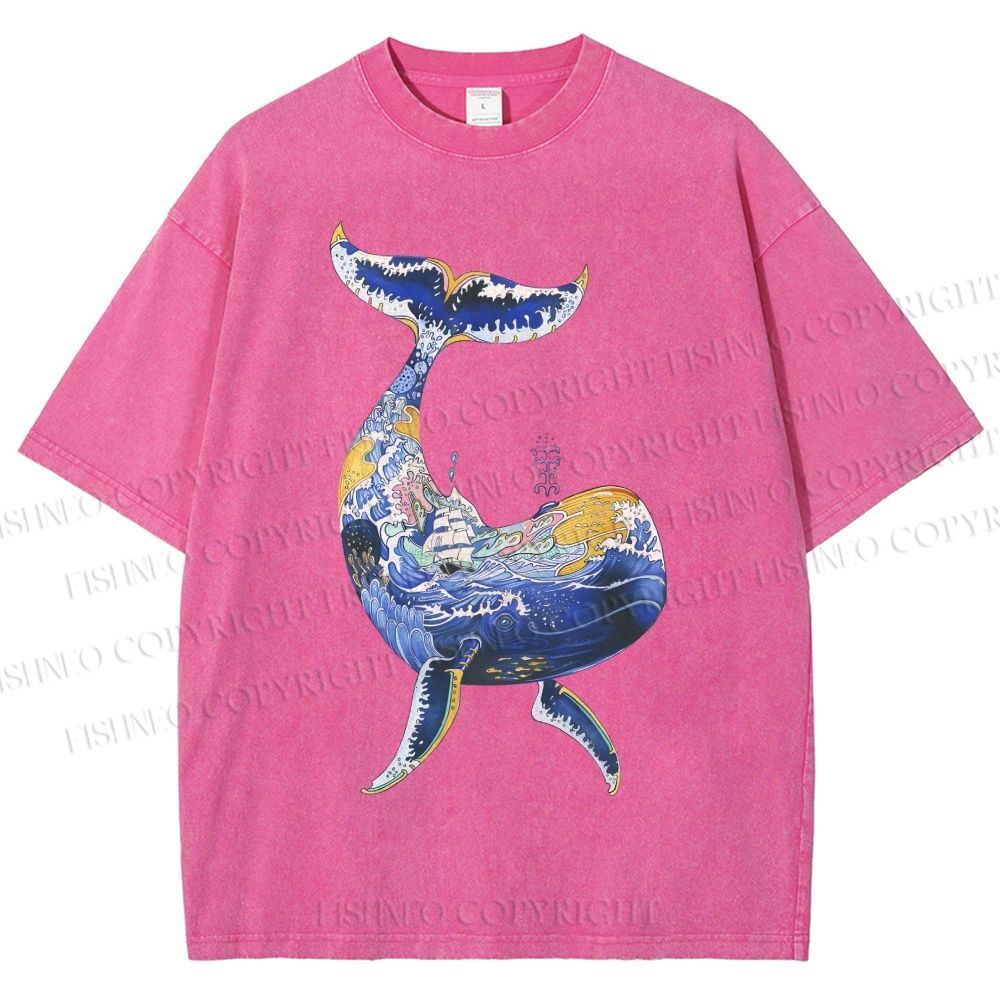 Unisex Artistic Cartoon Whale Printed Washed Tee