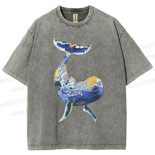 Unisex Artistic Cartoon Whale Printed Washed Tee