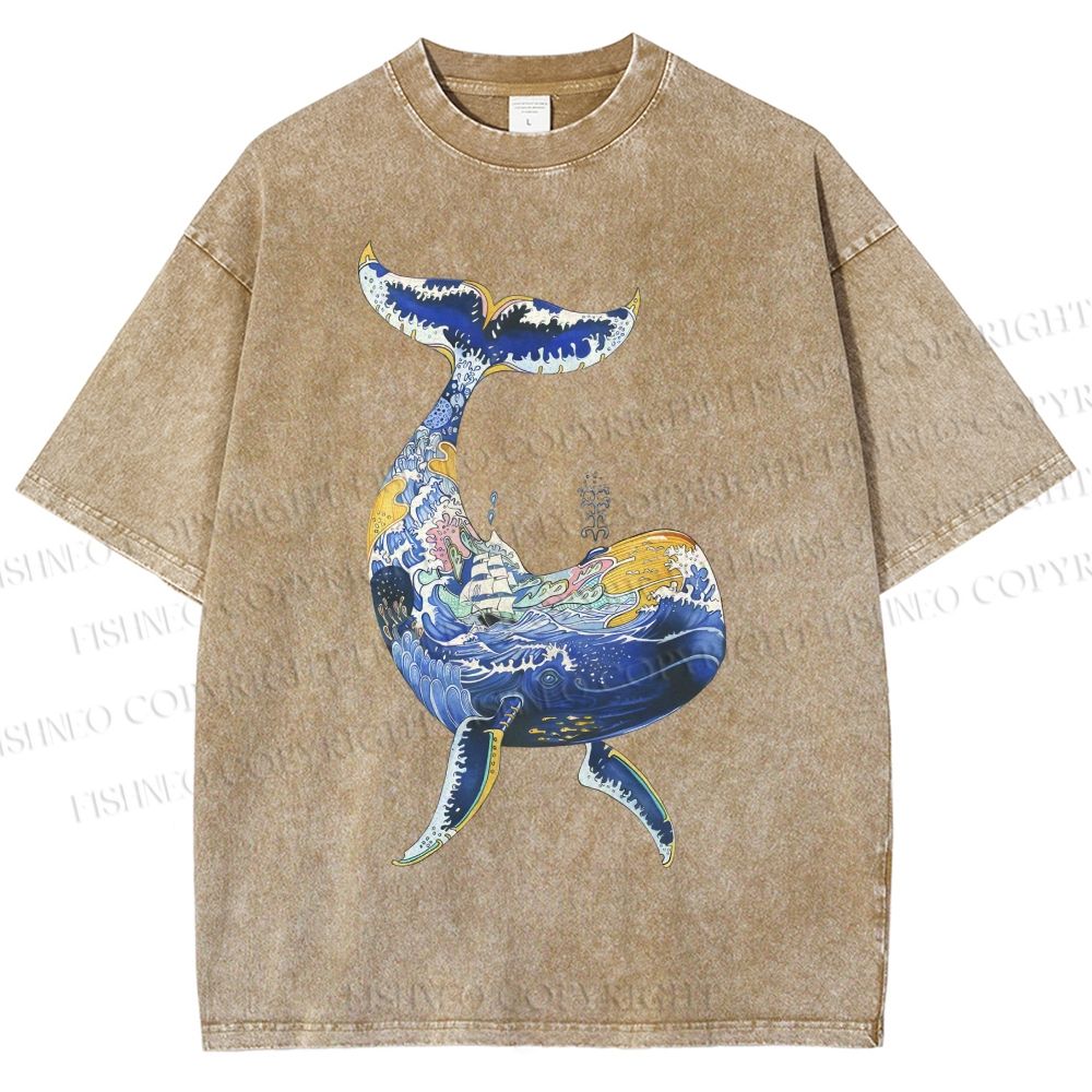 Unisex Artistic Cartoon Whale Printed Washed Tee