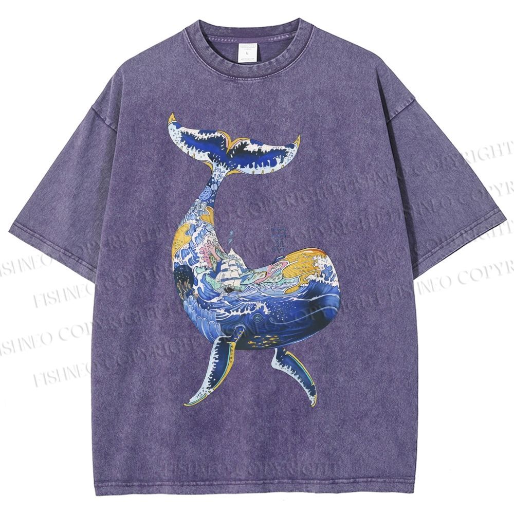 Unisex Artistic Cartoon Whale Printed Washed Tee