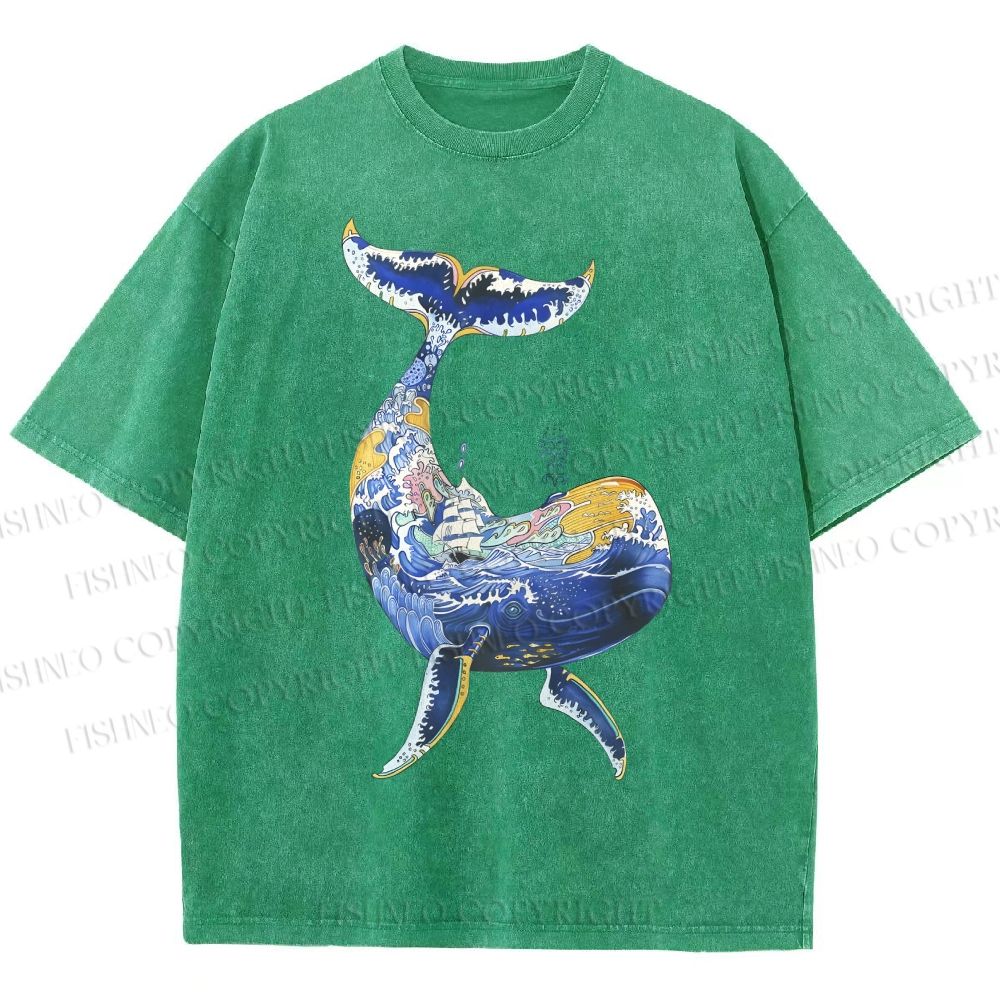 Unisex Artistic Cartoon Whale Printed Washed Tee