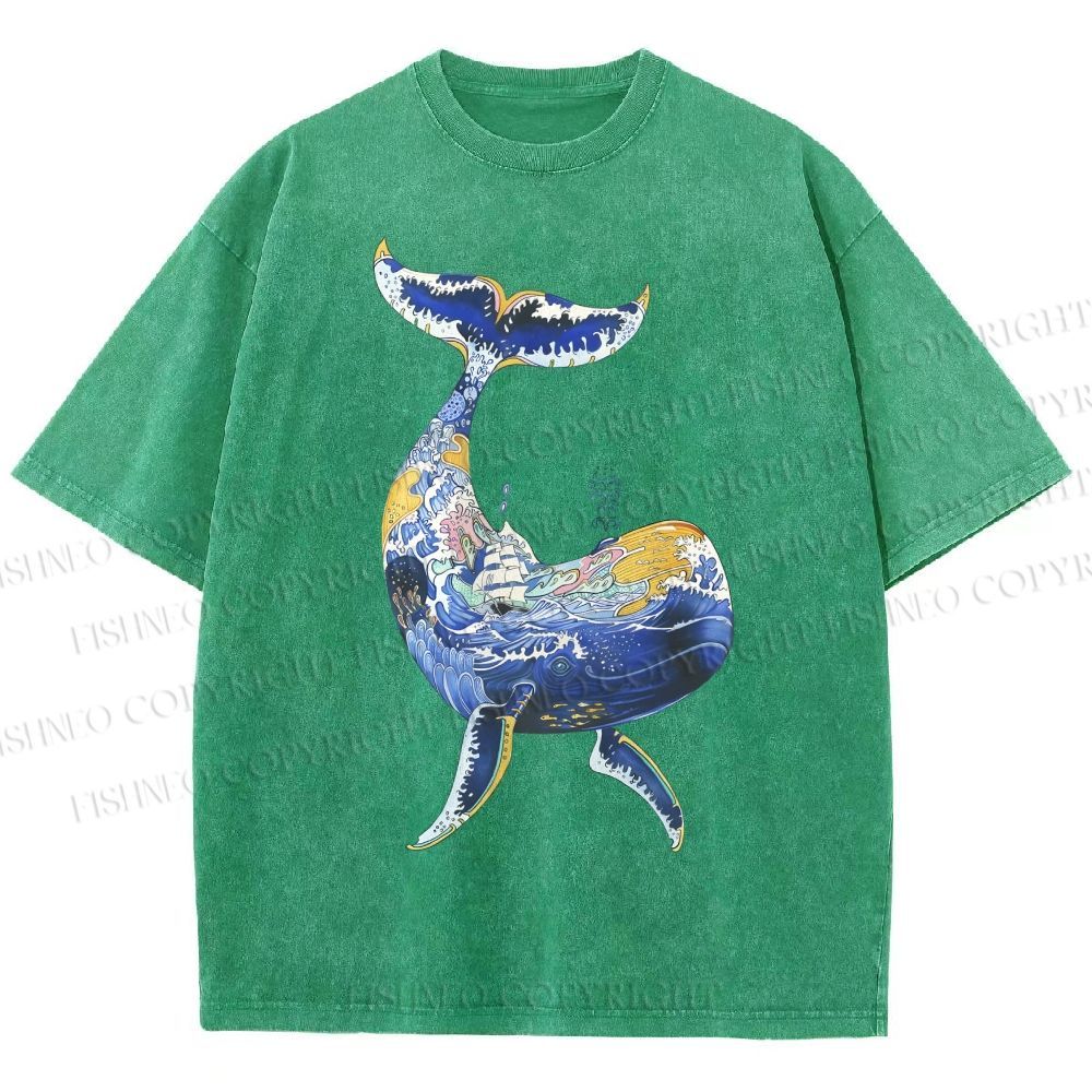 Unisex Artistic Cartoon Whale Printed Washed Tee