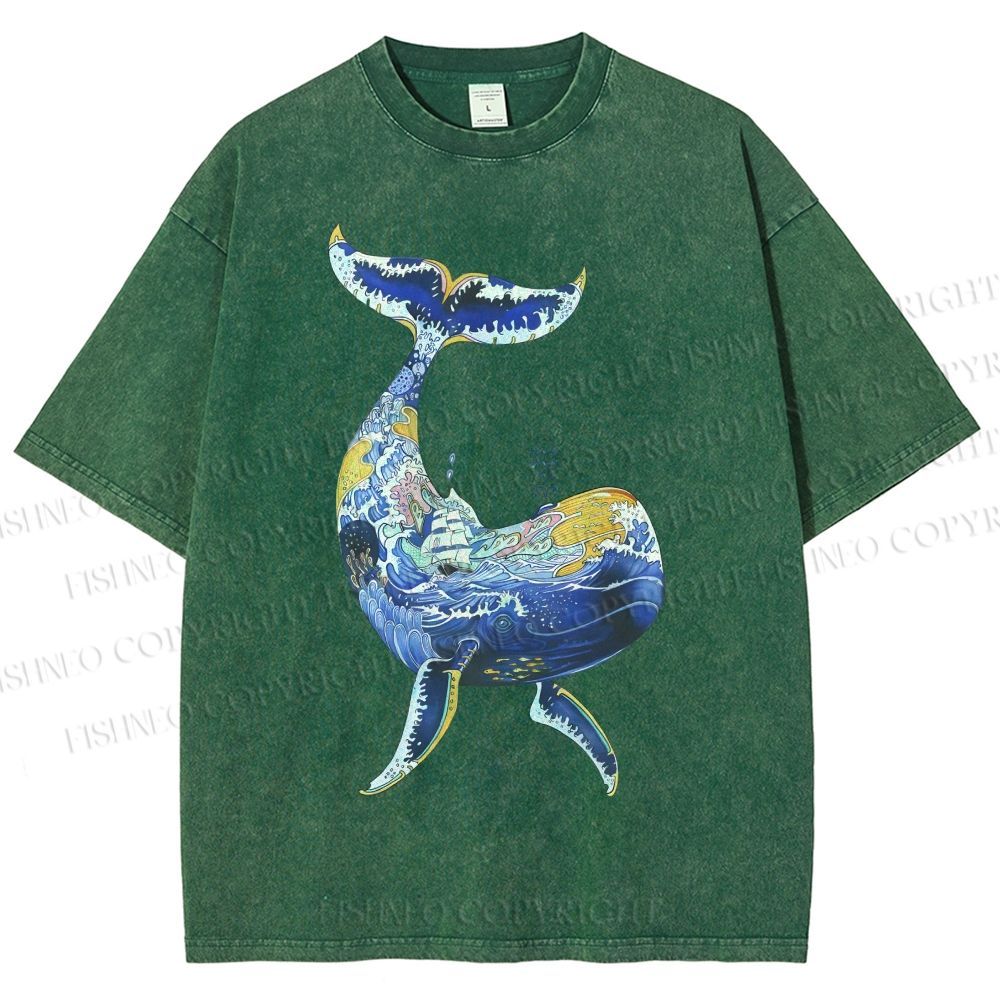 Unisex Artistic Cartoon Whale Printed Washed Tee