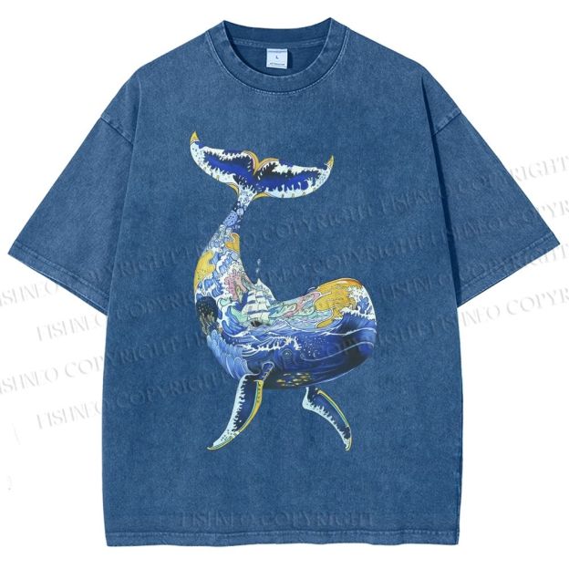 Unisex Artistic Cartoon Whale Printed Washed Tee