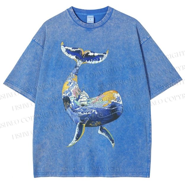 Unisex Artistic Cartoon Whale Printed Washed Tee