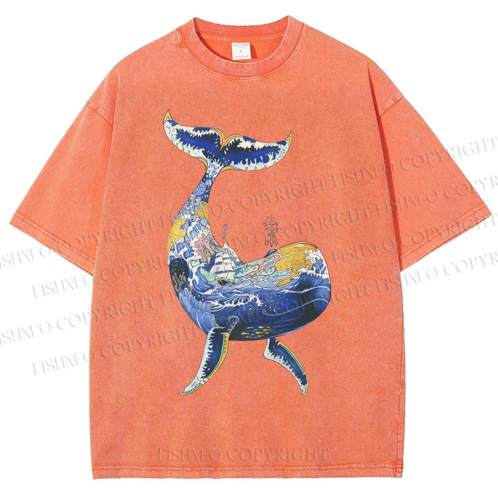 Unisex Artistic Cartoon Whale Printed Washed Tee