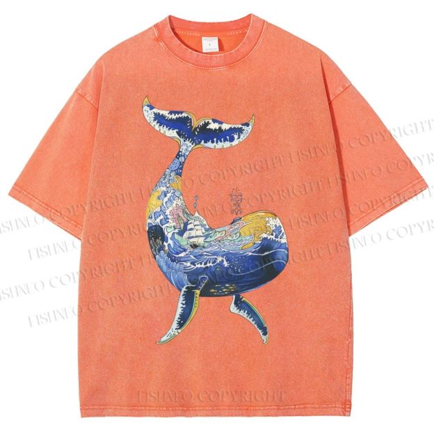 Unisex Artistic Cartoon Whale Printed Washed Tee