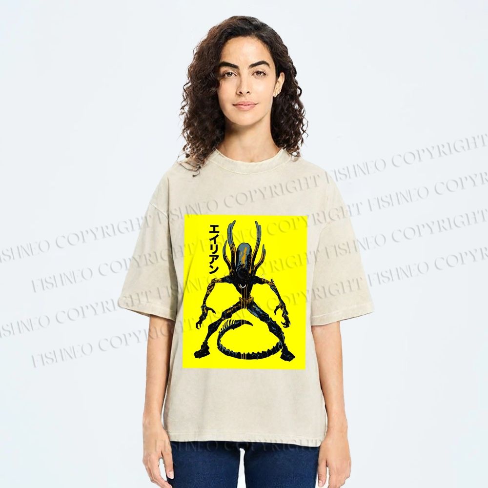 Unisex Alien Printed Washed Tee