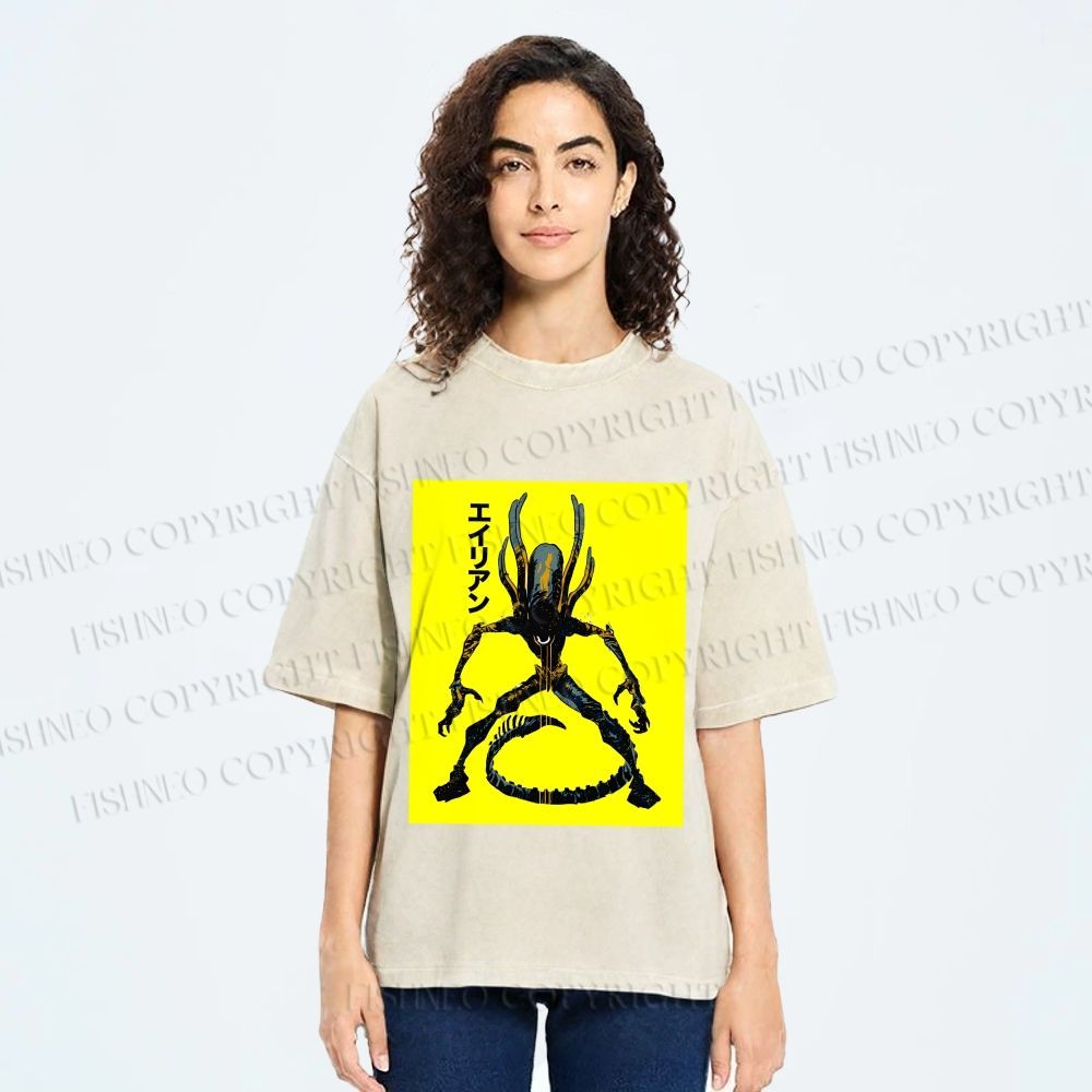 Unisex Alien Printed Washed Tee