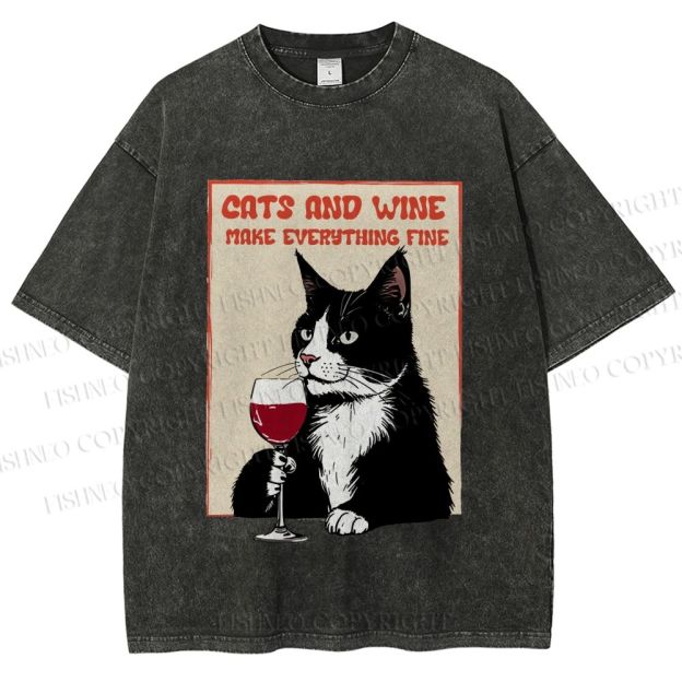 Unisex Cats and Wine Cozy Vibe Printed Washed Tee