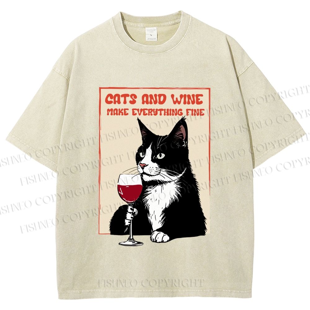 Unisex Cats and Wine Cozy Vibe Printed Washed Tee