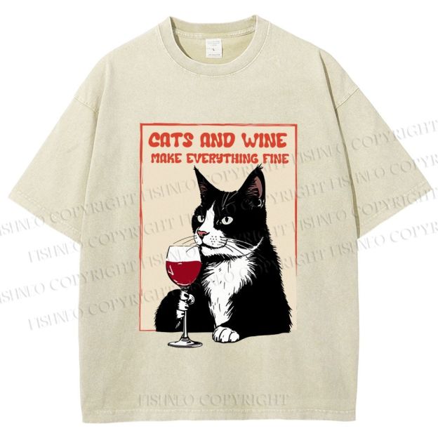 Unisex Cats and Wine Cozy Vibe Printed Washed Tee