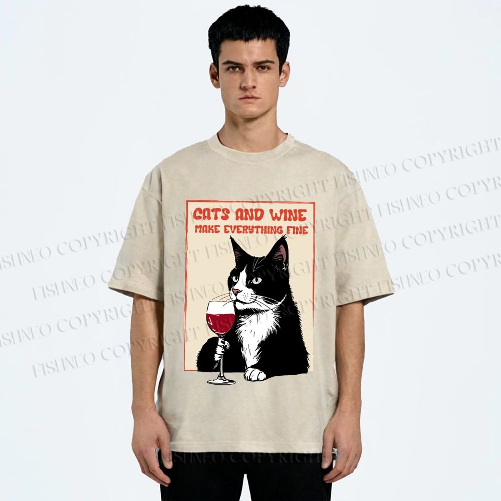Unisex Cats and Wine Cozy Vibe Printed Washed Tee