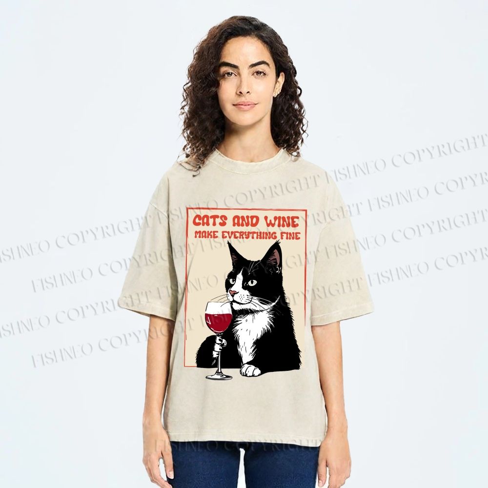 Unisex Cats and Wine Cozy Vibe Printed Washed Tee
