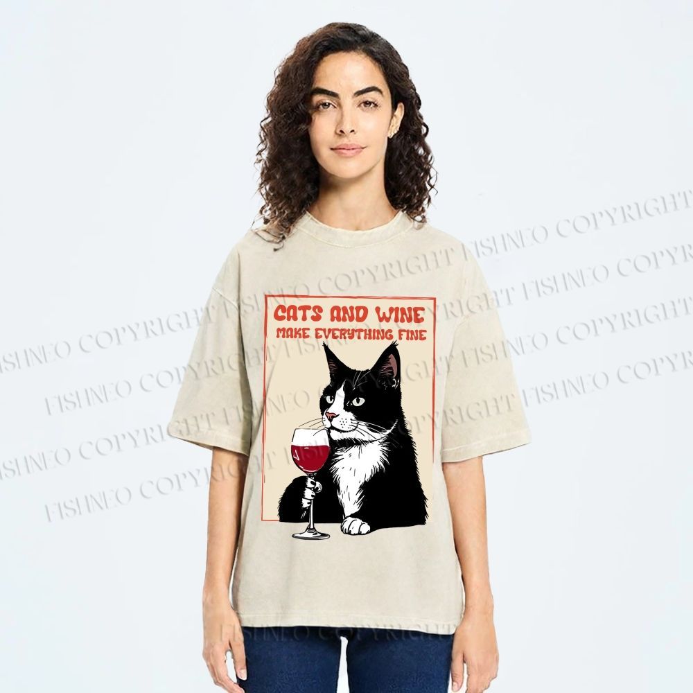 Unisex Cats and Wine Cozy Vibe Printed Washed Tee