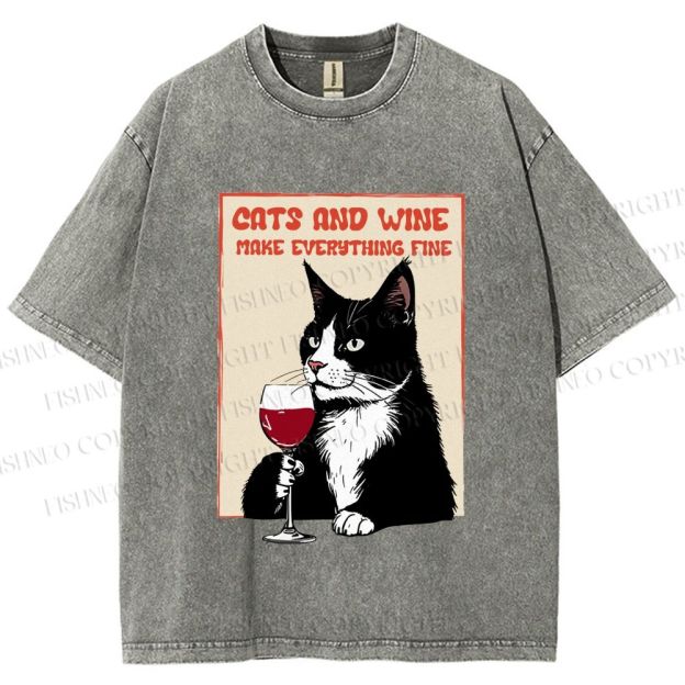 Unisex Cats and Wine Cozy Vibe Printed Washed Tee