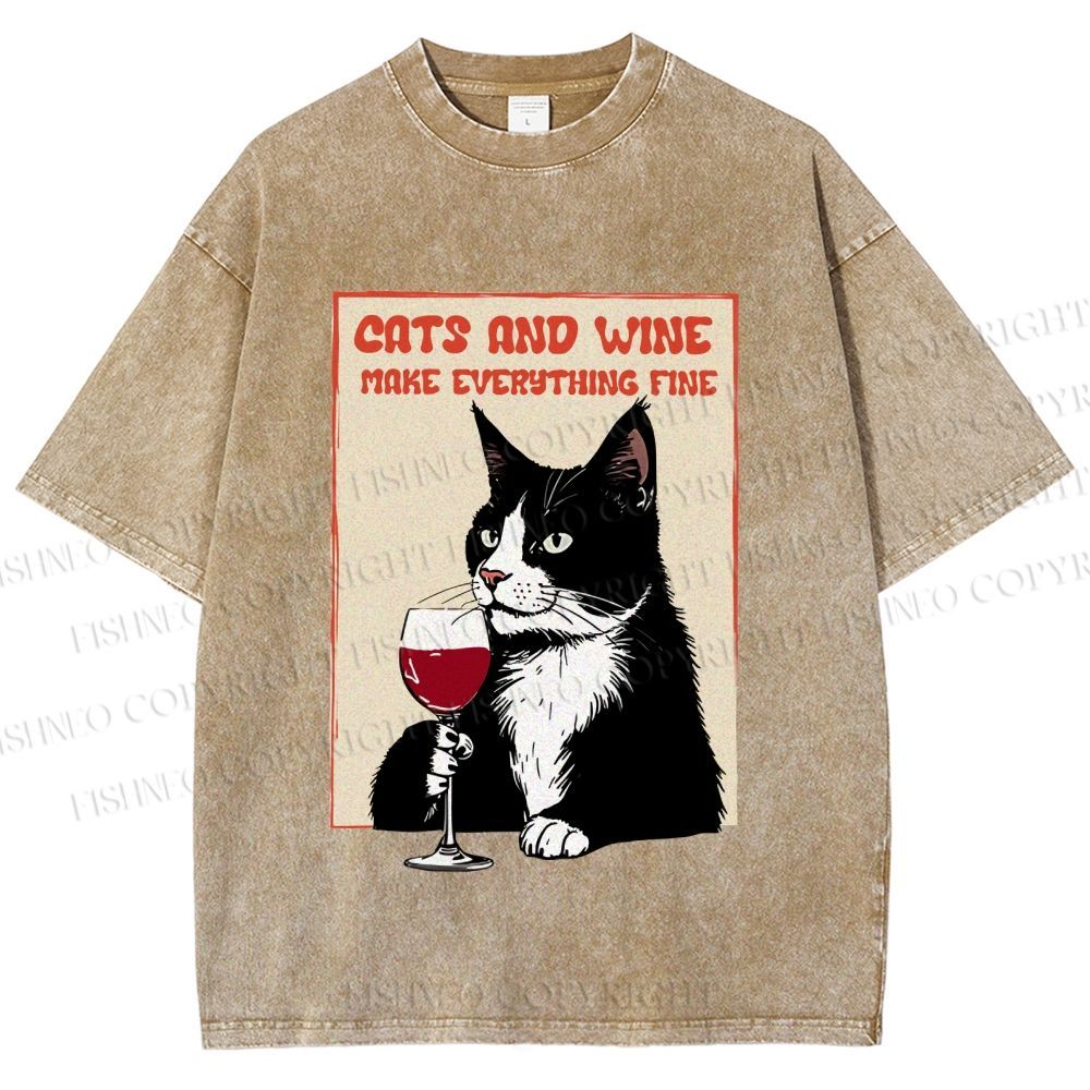 Unisex Cats and Wine Cozy Vibe Printed Washed Tee