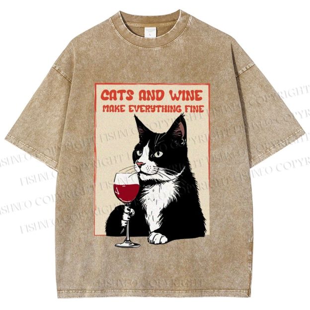 Unisex Cats and Wine Cozy Vibe Printed Washed Tee