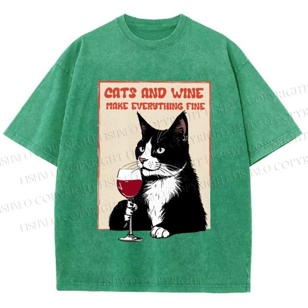Unisex Cats and Wine Cozy Vibe Printed Washed Tee