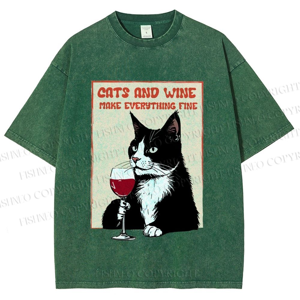 Unisex Cats and Wine Cozy Vibe Printed Washed Tee
