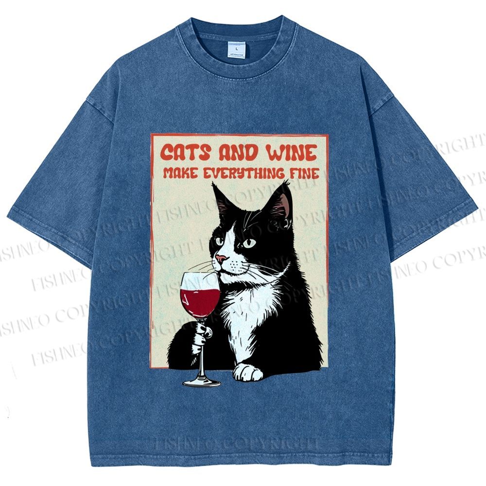 Unisex Cats and Wine Cozy Vibe Printed Washed Tee