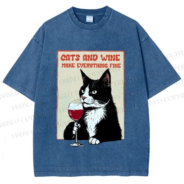 Unisex Cats and Wine Cozy Vibe Printed Washed Tee