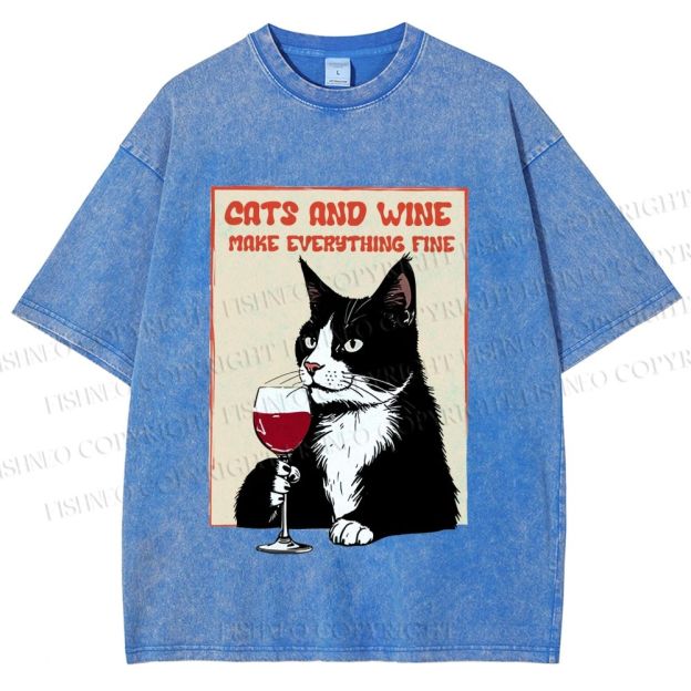 Unisex Cats and Wine Cozy Vibe Printed Washed Tee