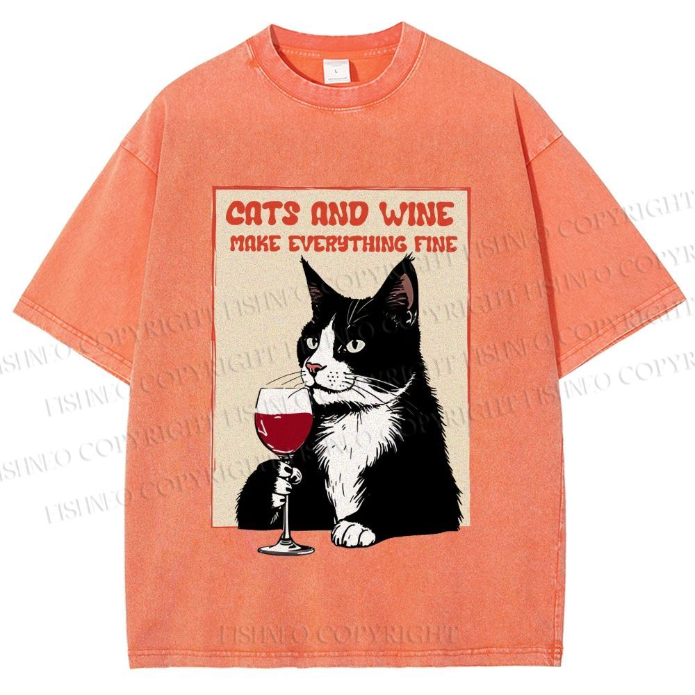 Unisex Cats and Wine Cozy Vibe Printed Washed Tee
