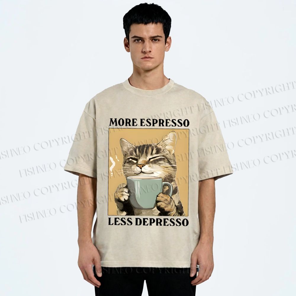 Unisex More Espresso Less Depresso Cat Printed Washed Tee
