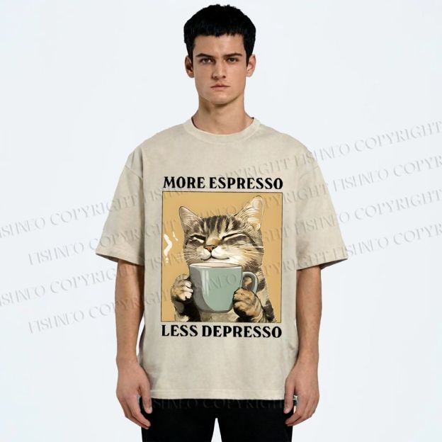 Unisex More Espresso Less Depresso Cat Printed Washed Tee