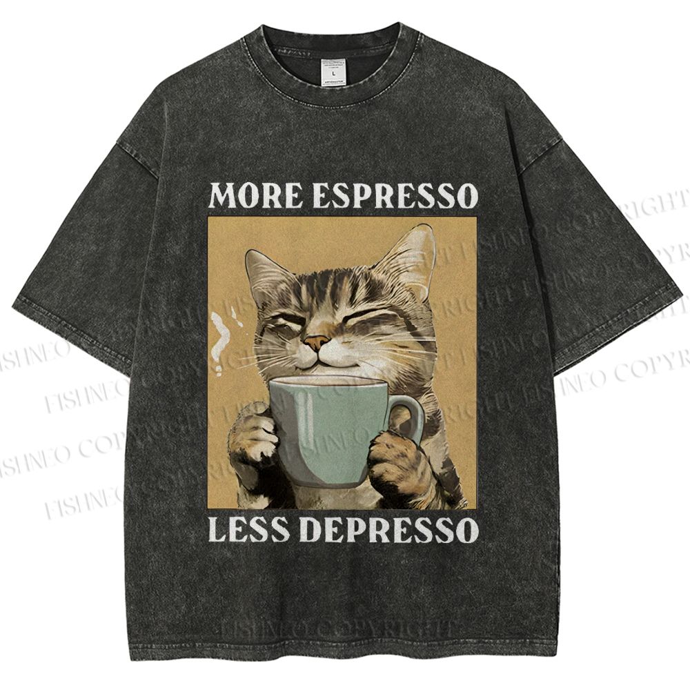 Unisex More Espresso Less Depresso Cat Printed Washed Tee