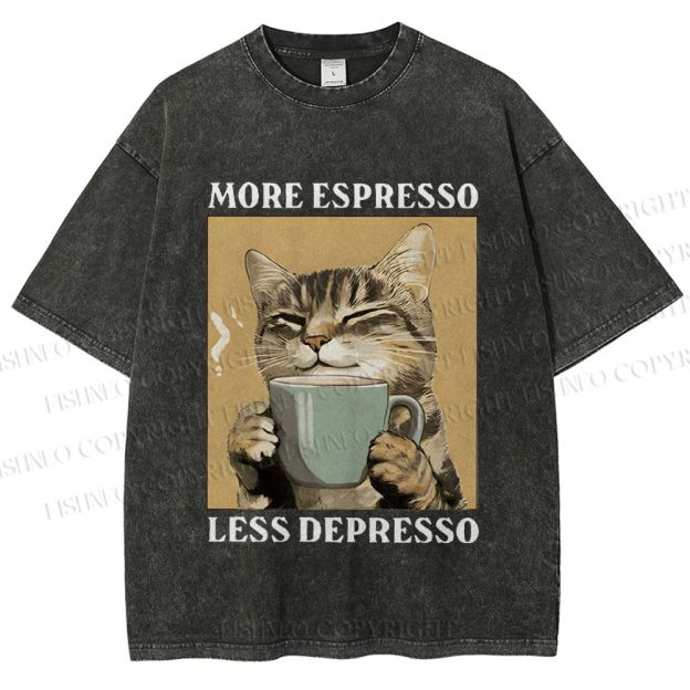 Unisex More Espresso Less Depresso Cat Printed Washed Tee