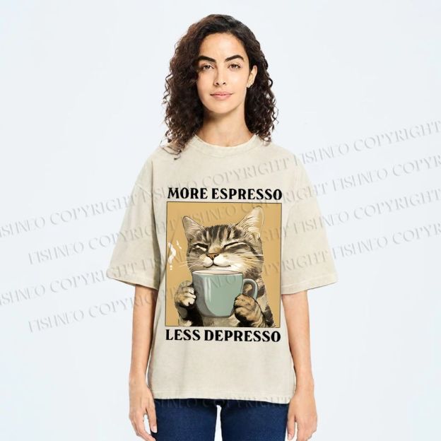 Unisex More Espresso Less Depresso Cat Printed Washed Tee