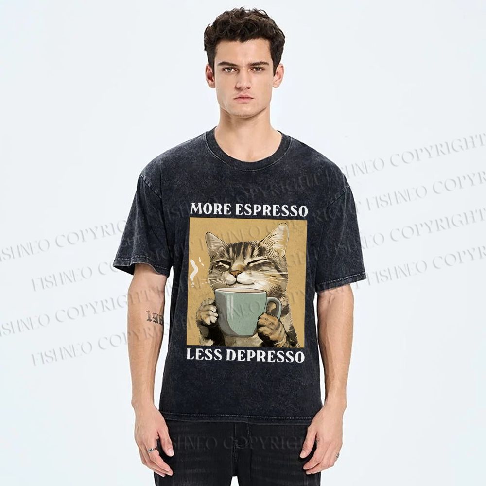 Unisex More Espresso Less Depresso Cat Printed Washed Tee