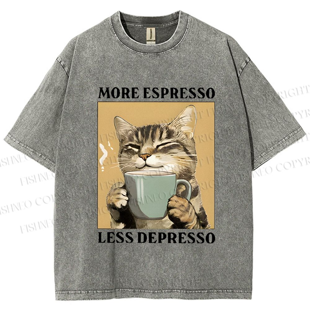 Unisex More Espresso Less Depresso Cat Printed Washed Tee
