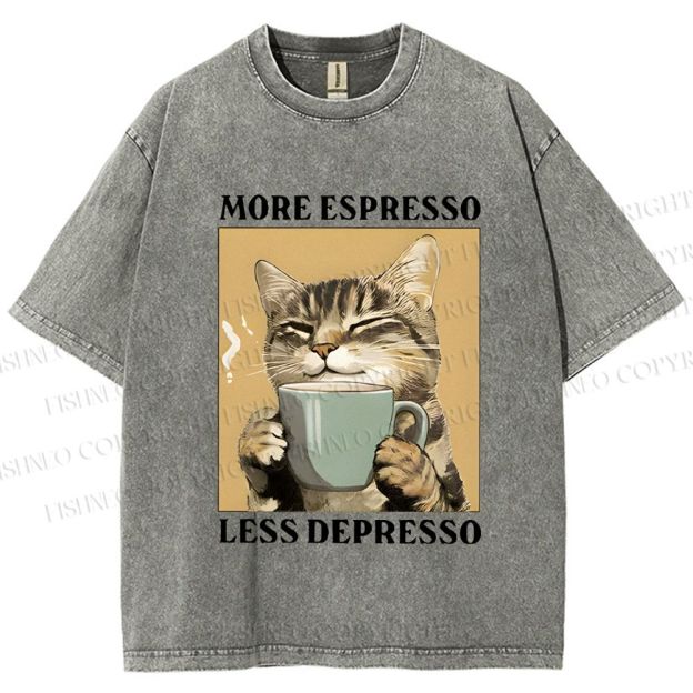 Unisex More Espresso Less Depresso Cat Printed Washed Tee