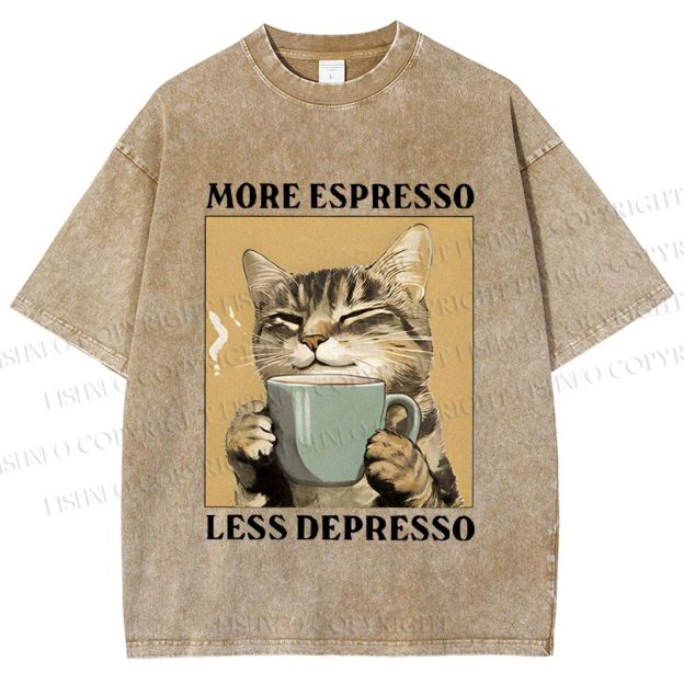 Unisex More Espresso Less Depresso Cat Printed Washed Tee