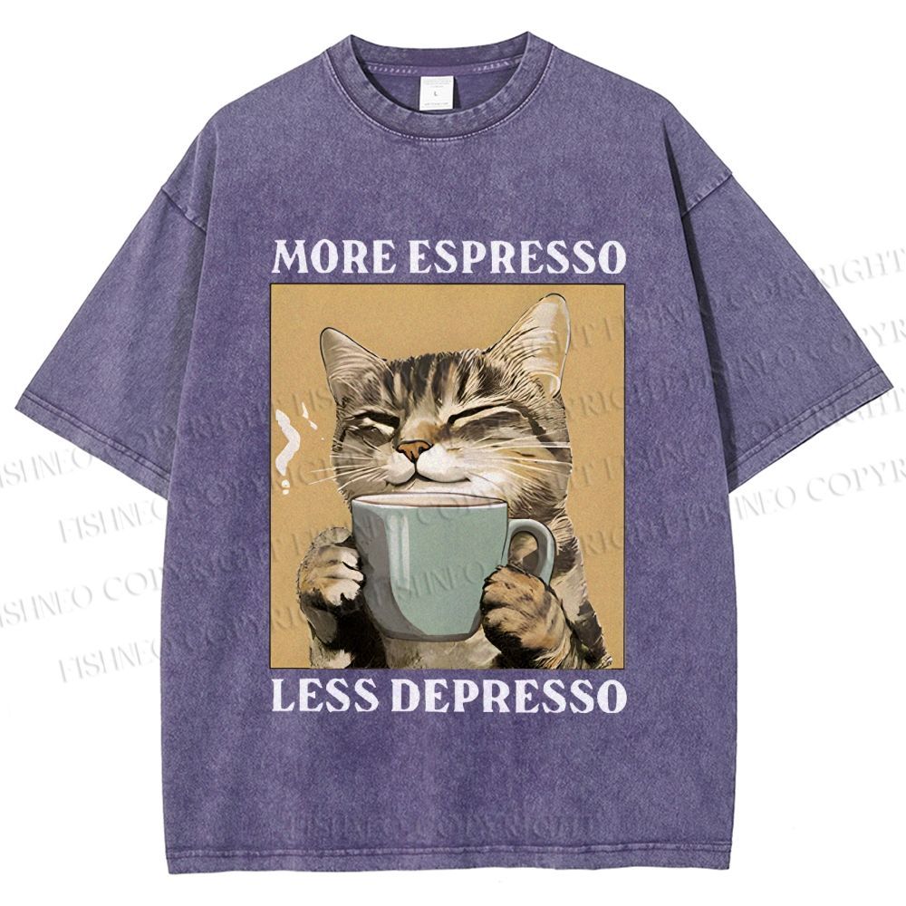 Unisex More Espresso Less Depresso Cat Printed Washed Tee