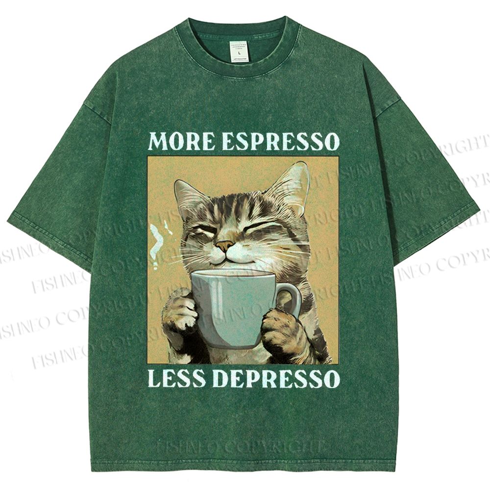 Unisex More Espresso Less Depresso Cat Printed Washed Tee