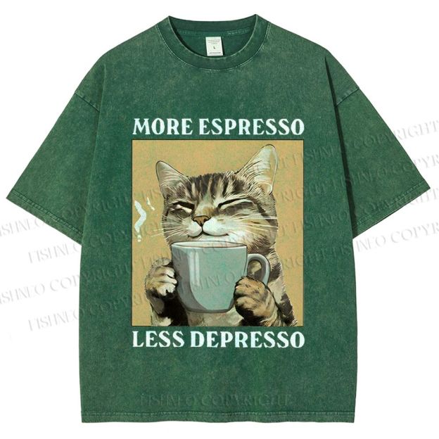 Unisex More Espresso Less Depresso Cat Printed Washed Tee