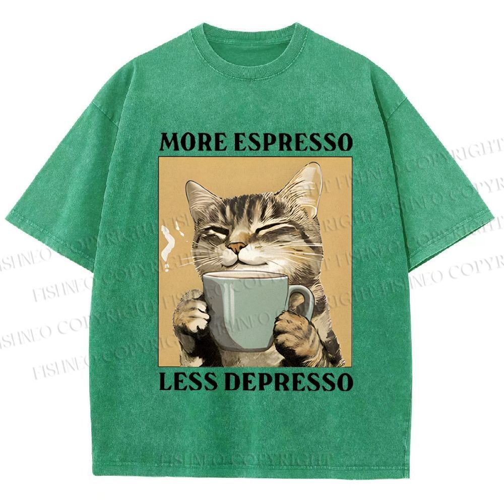 Unisex More Espresso Less Depresso Cat Printed Washed Tee