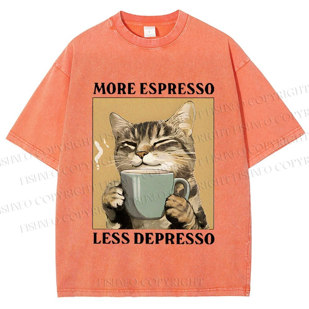 Unisex More Espresso Less Depresso Cat Printed Washed Tee