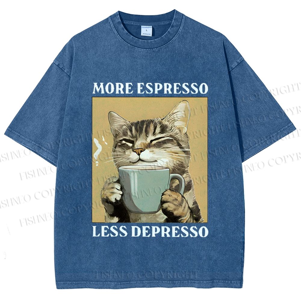 Unisex More Espresso Less Depresso Cat Printed Washed Tee