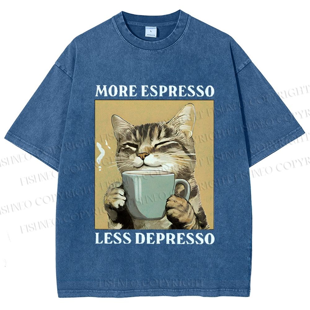 Unisex More Espresso Less Depresso Cat Printed Washed Tee