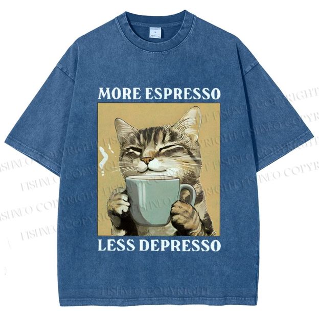 Unisex More Espresso Less Depresso Cat Printed Washed Tee