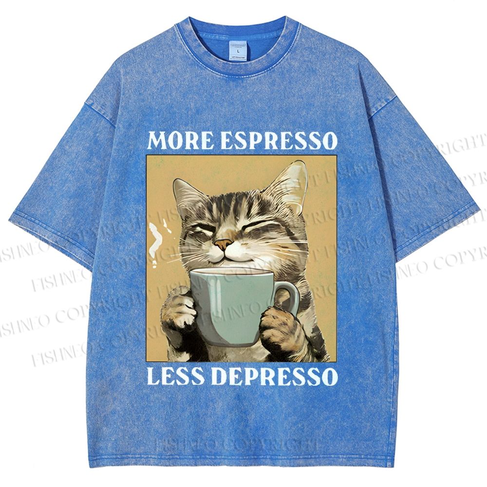 Unisex More Espresso Less Depresso Cat Printed Washed Tee